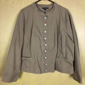 Woman’s tan jean jacket, button closure, size 22/24